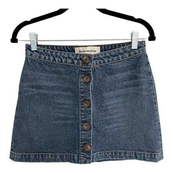Reformation Size 25 Candace Denim High Rise Mini Skirt Jean Button Down - Picture 2 of 6